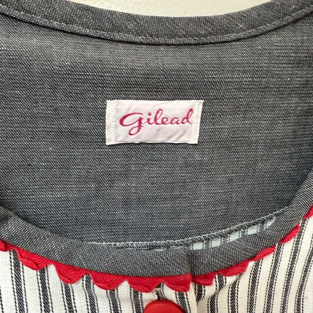 Vintage Gilead Striped Duster Robe Grey Red Ric Rac Floral Embroidery Large USA